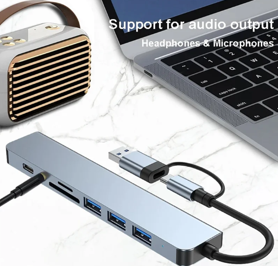 8-in-1 USB 3.0 HUB (Multi-Port USB-C, Card Readers, and Audio Jack)