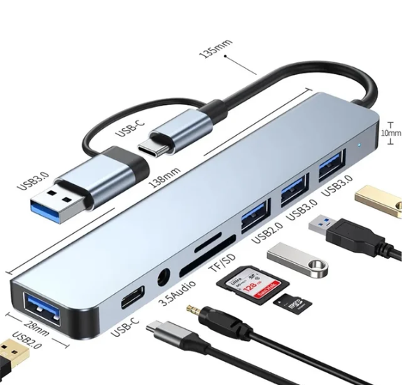 8-in-1 USB 3.0 HUB (Multi-Port USB-C, Card Readers, and Audio Jack)